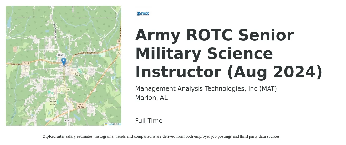 Management Analysis Technologies, Inc (MAT) job posting for a Army ROTC Senior Military Science Instructor (Aug 2024) in Marion, AL with a map of Marion location.