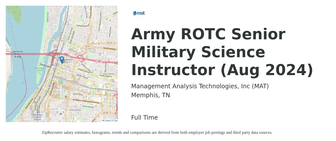 Management Analysis Technologies, Inc (MAT) job posting for a Army ROTC Senior Military Science Instructor (Aug 2024) in Memphis, TN with a map of Memphis location.