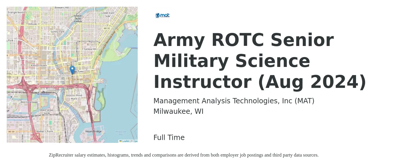 Management Analysis Technologies, Inc (MAT) job posting for a Army ROTC Senior Military Science Instructor (Aug 2024) in Milwaukee, WI with a map of Milwaukee location.