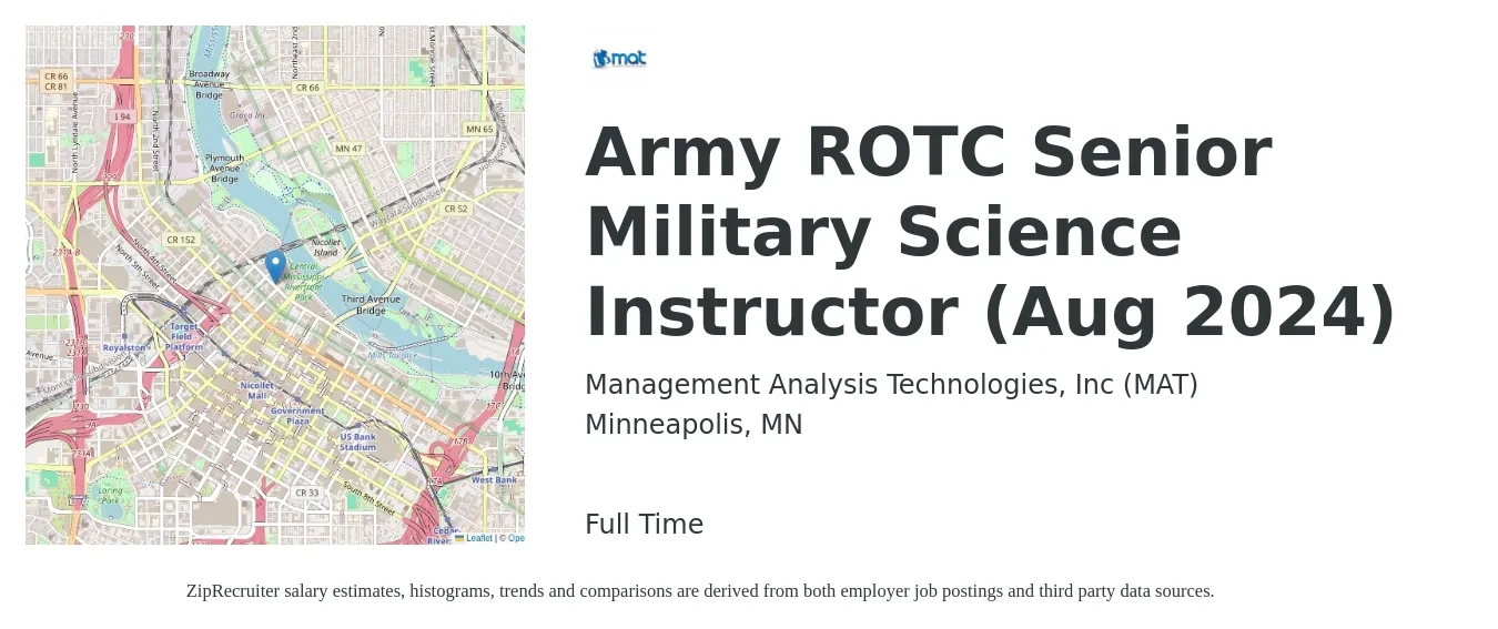 Management Analysis Technologies, Inc (MAT) job posting for a Army ROTC Senior Military Science Instructor (Aug 2024) in Minneapolis, MN with a map of Minneapolis location.