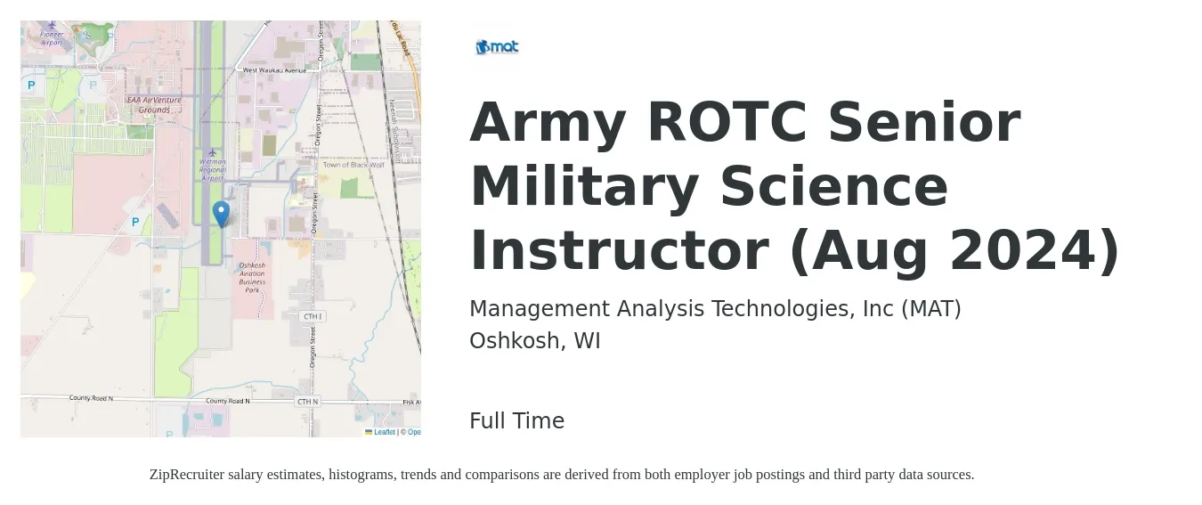 Management Analysis Technologies, Inc (MAT) job posting for a Army ROTC Senior Military Science Instructor (Aug 2024) in Oshkosh, WI with a map of Oshkosh location.