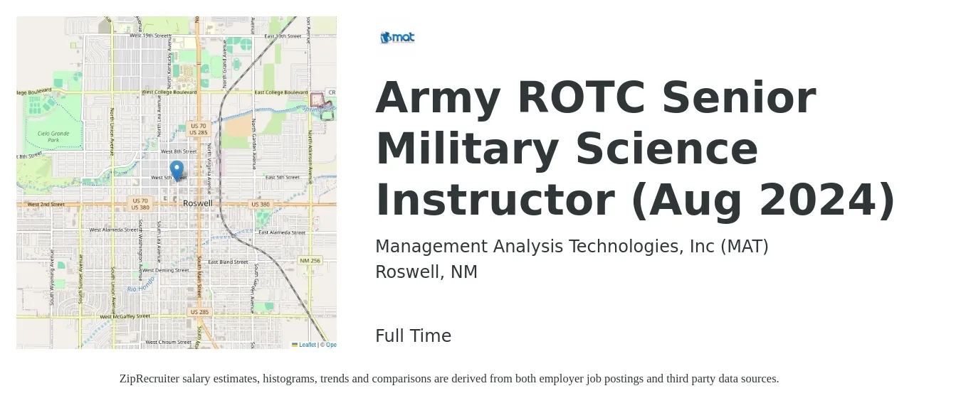 Management Analysis Technologies, Inc (MAT) job posting for a Army ROTC Senior Military Science Instructor (Aug 2024) in Roswell, NM with a map of Roswell location.