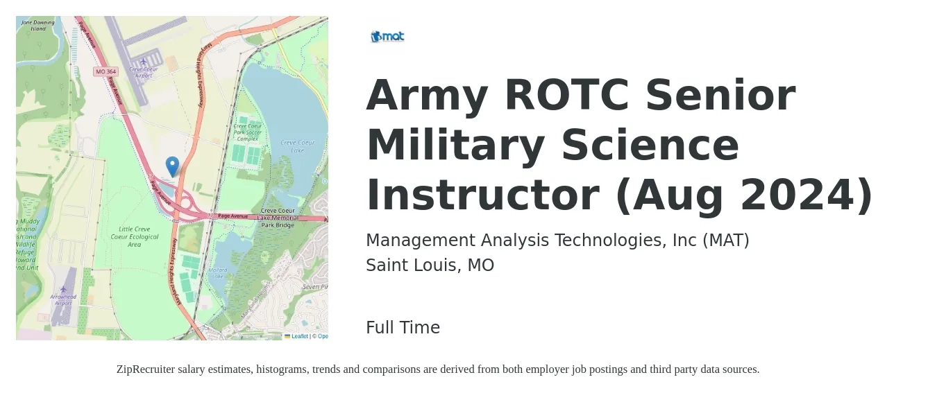 Management Analysis Technologies, Inc (MAT) job posting for a Army ROTC Senior Military Science Instructor (Aug 2024) in Saint Louis, MO with a map of Saint Louis location.