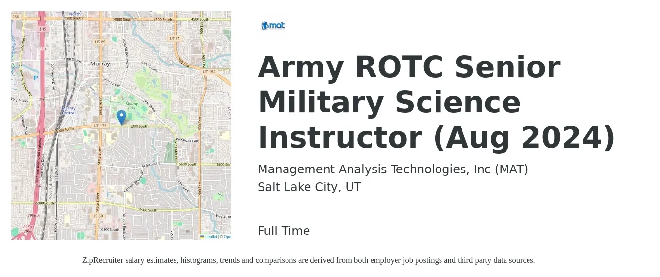Management Analysis Technologies, Inc (MAT) job posting for a Army ROTC Senior Military Science Instructor (Aug 2024) in Salt Lake City, UT with a map of Salt Lake City location.