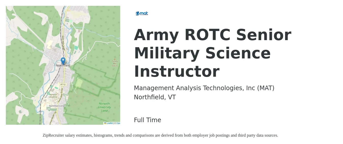 Management Analysis Technologies, Inc (MAT) job posting for a Army ROTC Senior Military Science Instructor in Northfield, VT with a map of Northfield location.