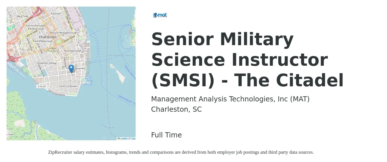 Management Analysis Technologies, Inc (MAT) job posting for a Senior Military Science Instructor (SMSI) - The Citadel in Charleston, SC with a map of Charleston location.