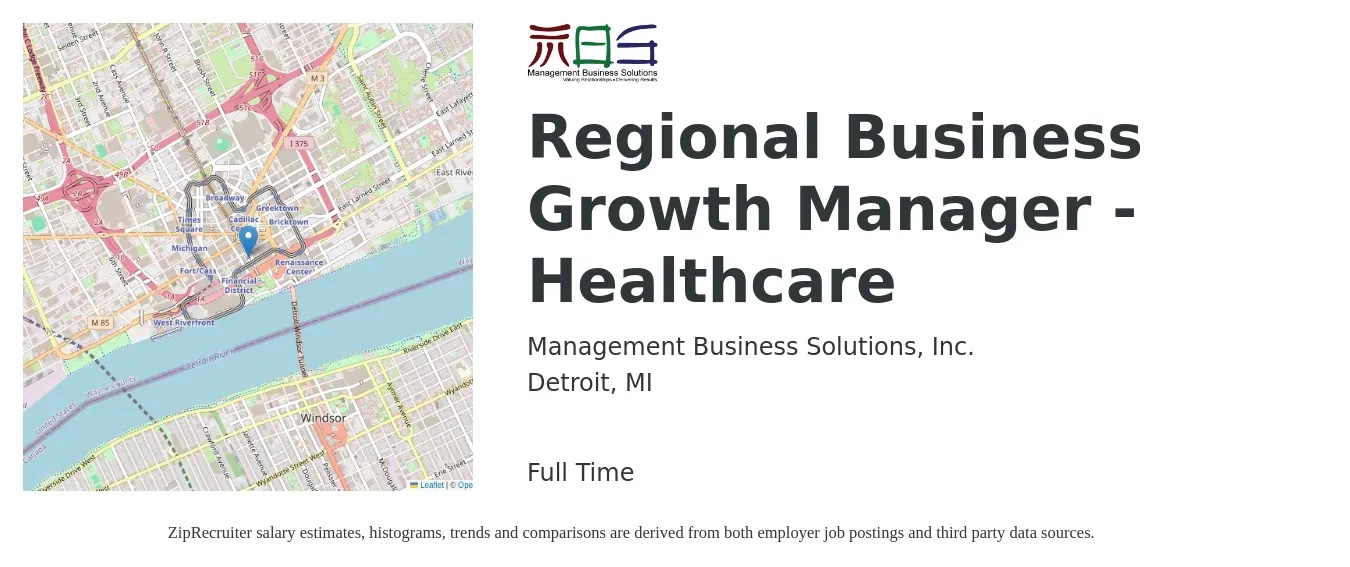 Management Business Solutions, Inc. job posting for a Regional Business Growth Manager - Healthcare in Detroit, MI with a salary of $60,500 to $85,800 Yearly with a map of Detroit location.