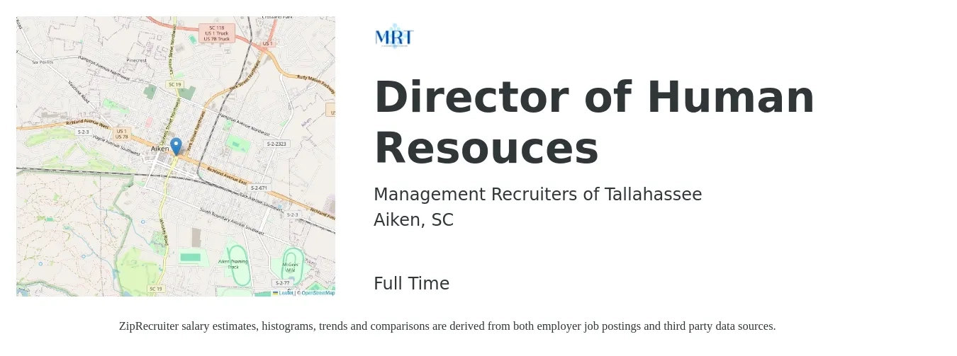Management Recruiters of Tallahassee job posting for a Director of Human Resouces in Aiken, SC with a salary of $80,400 to $132,400 Yearly with a map of Aiken location.