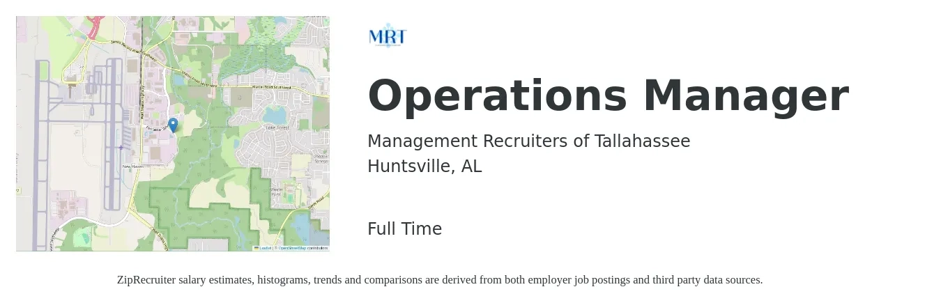 Management Recruiters of Tallahassee job posting for a Operations Manager in Huntsville, AL with a salary of $37,600 to $71,100 Yearly with a map of Huntsville location.