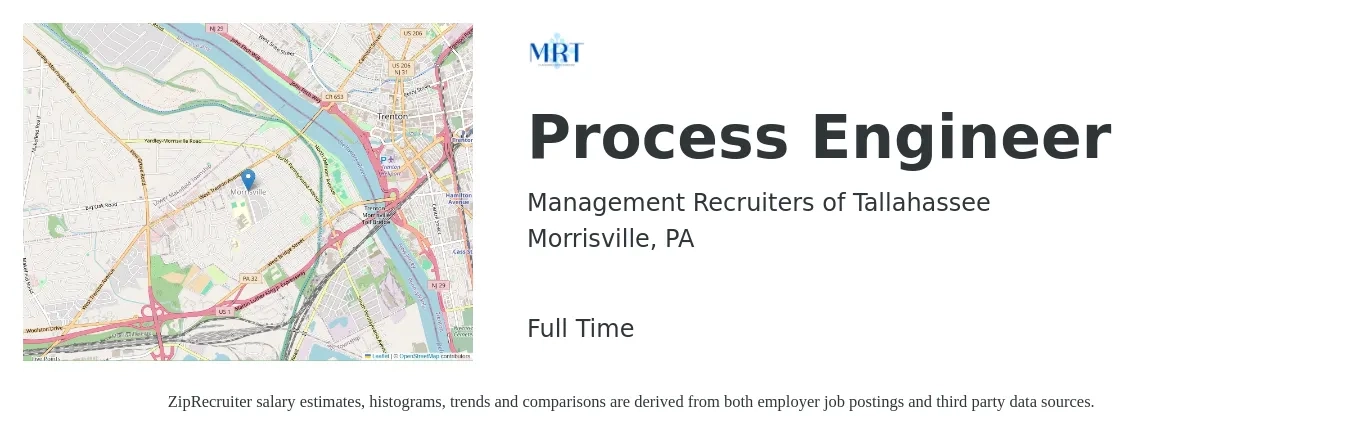 Management Recruiters of Tallahassee job posting for a Process Engineer in Morrisville, PA with a salary of $74,700 to $103,300 Yearly with a map of Morrisville location.