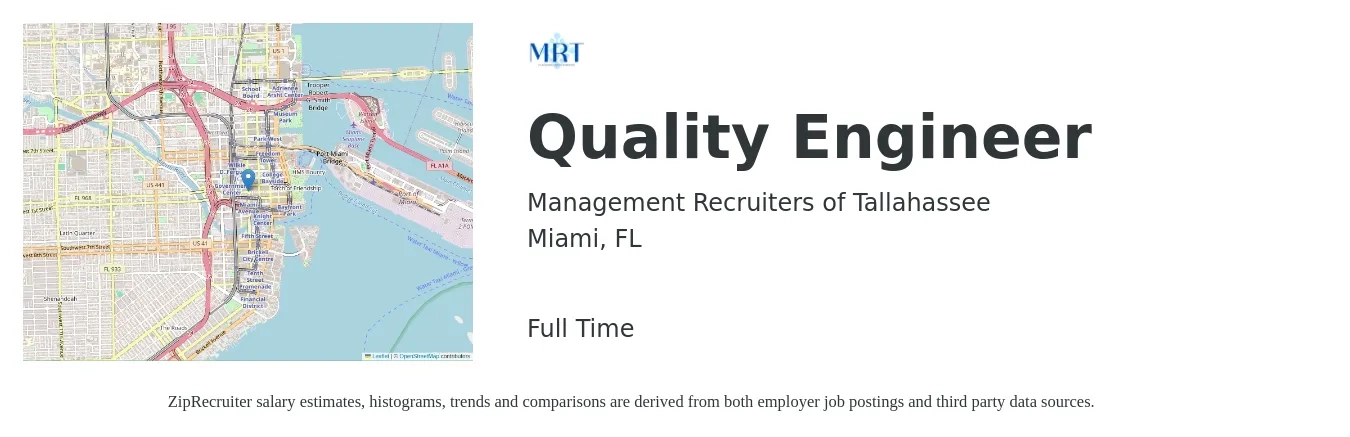 Management Recruiters of Tallahassee job posting for a Quality Engineer in Miami, FL with a salary of $68,800 to $88,800 Yearly with a map of Miami location.