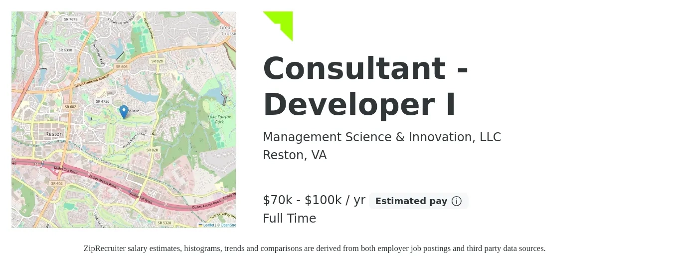 Management Science & Innovation, LLC job posting for a Consultant - Developer I in Reston, VA with a salary of $70,000 to $100,000 Yearly with a map of Reston location.