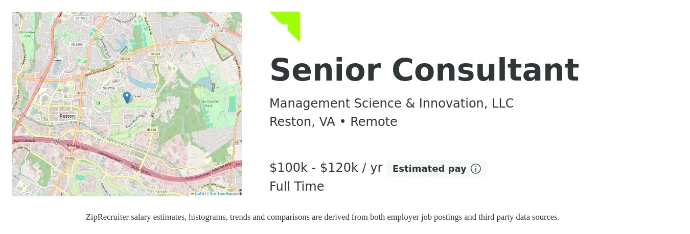 Management Science & Innovation, LLC job posting for a Senior Consultant in Reston, VA with a salary of $100,000 to $120,000 Yearly with a map of Reston location.
