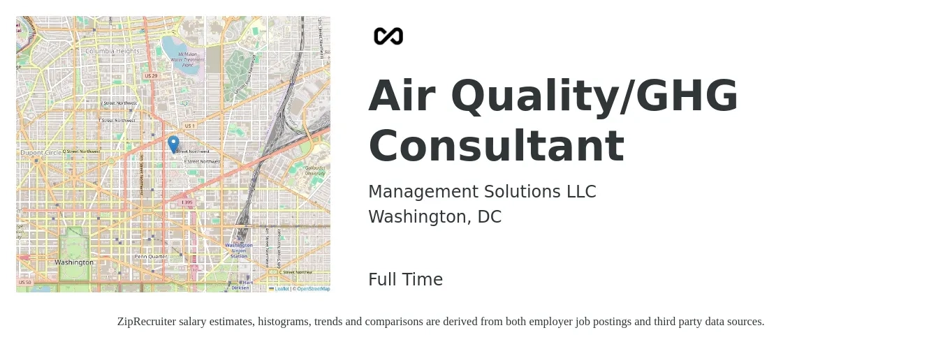 Management Solutions LLC job posting for a Air Quality/GHG Consultant in Washington, DC with a map of Washington location.