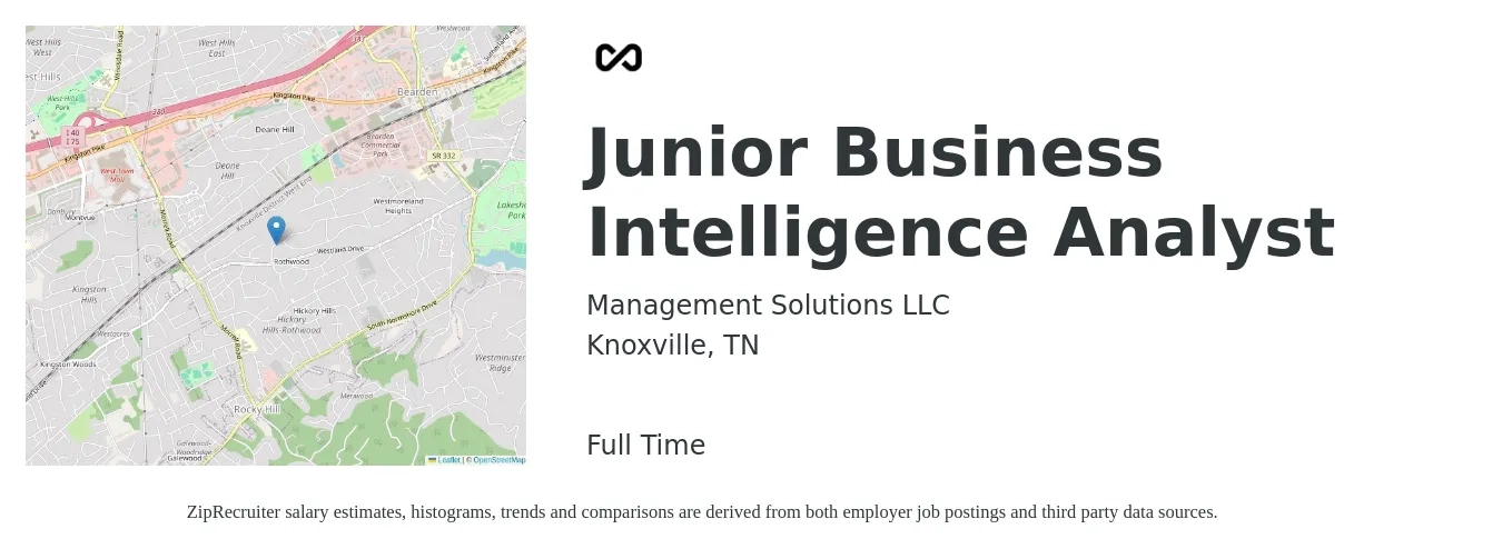 Management Solutions LLC job posting for a Junior Business Intelligence Analyst in Knoxville, TN with a salary of $24 to $32 Hourly with a map of Knoxville location.