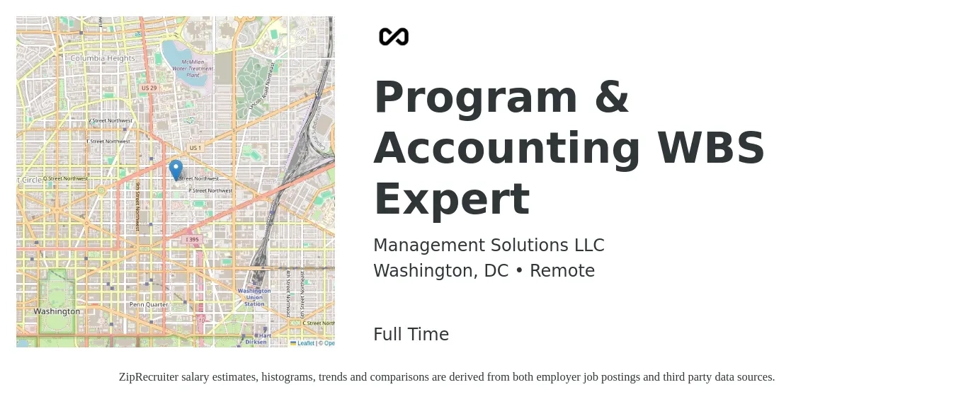 Management Solutions LLC job posting for a Program & Accounting WBS Expert in Washington, DC with a salary of $56,400 to $88,000 Yearly with a map of Washington location.