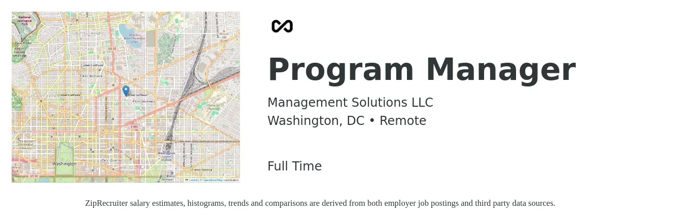 Management Solutions LLC job posting for a Program Manager in Washington, DC with a salary of $89,700 to $149,500 Yearly with a map of Washington location.
