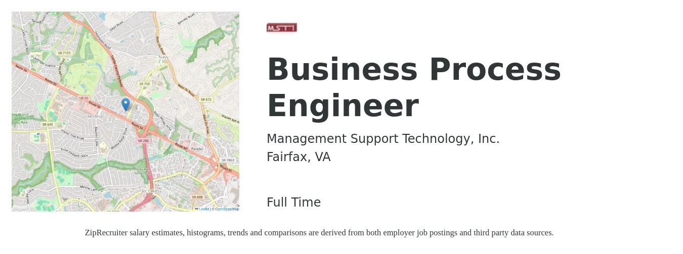 Management Support Technology, Inc. job posting for a Business Process Engineer in Fairfax, VA with a salary of $43 to $59 Hourly with a map of Fairfax location.