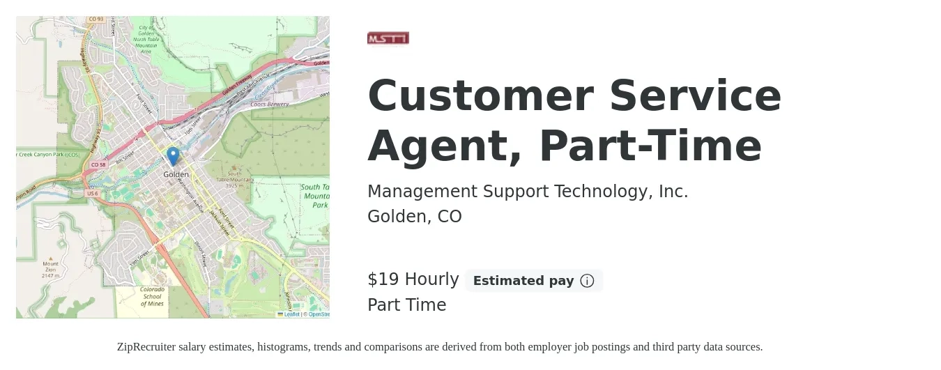 Management Support Technology, Inc. job posting for a Customer Service Agent, Part-Time in Golden, CO with a salary of $20 Hourly with a map of Golden location.