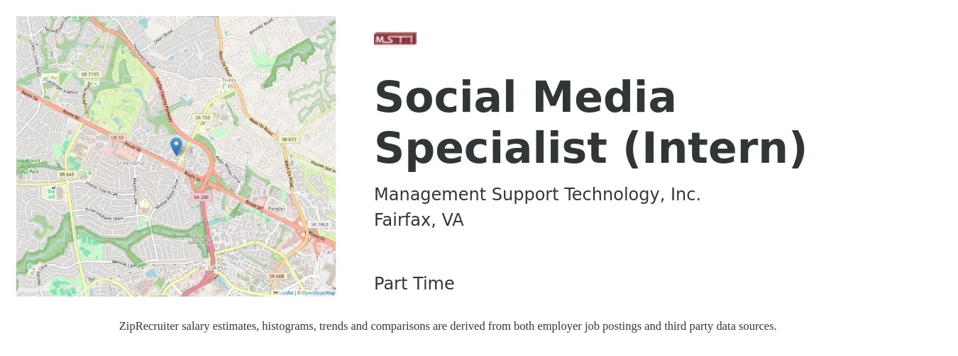 Management Support Technology, Inc. job posting for a Social Media Specialist (Intern) in Fairfax, VA with a salary of $15 to $20 Hourly with a map of Fairfax location.