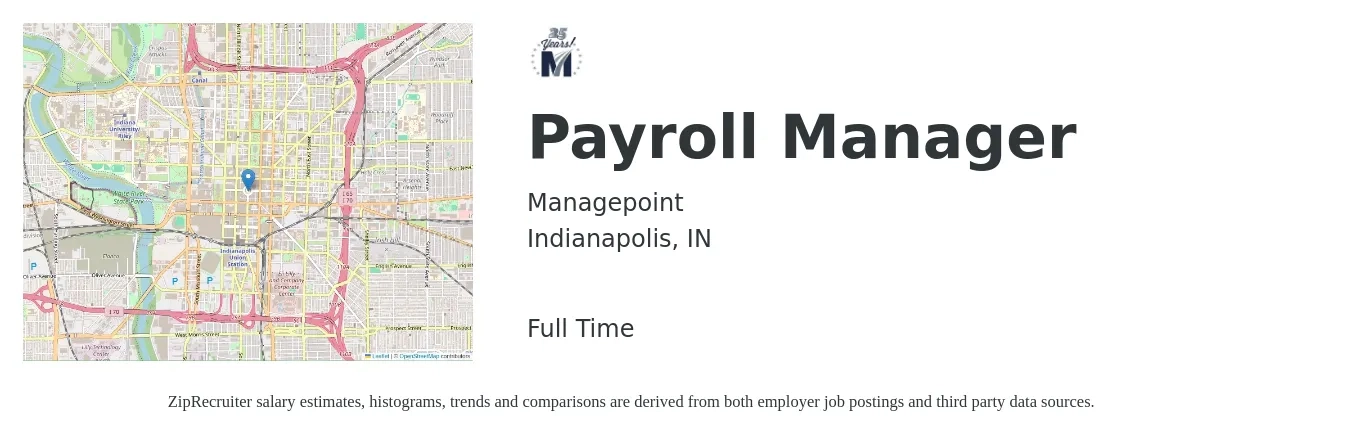 Managepoint job posting for a Payroll Manager in Indianapolis, IN with a salary of $67,900 to $99,400 Yearly with a map of Indianapolis location.