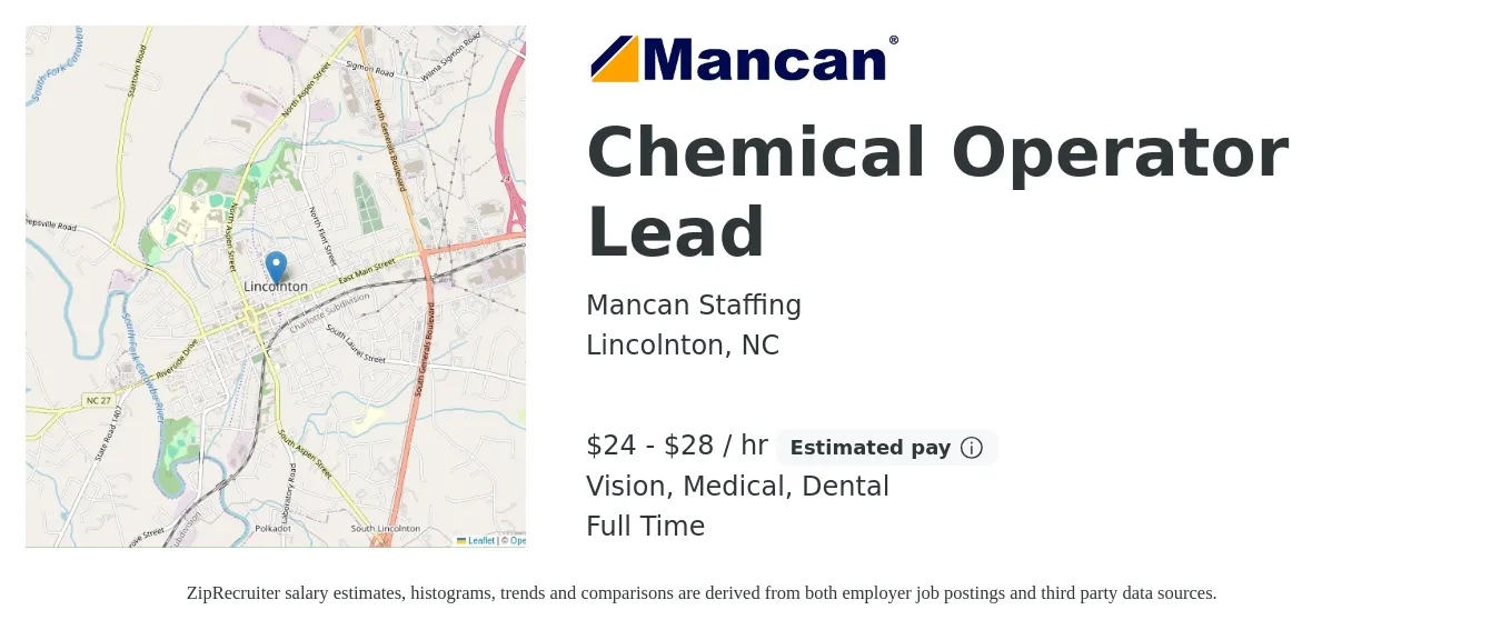 Mancan Staffing job posting for a Chemical Operator Lead in Lincolnton, NC with a salary of $25 to $30 Hourly and benefits including medical, vision, and dental with a map of Lincolnton location.