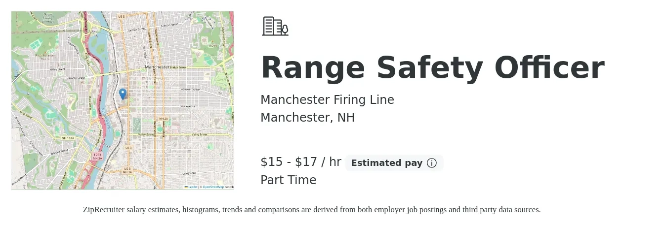 Manchester Firing Line job posting for a Range Safety Officer in Manchester, NH with a salary of $16 to $18 Hourly with a map of Manchester location.