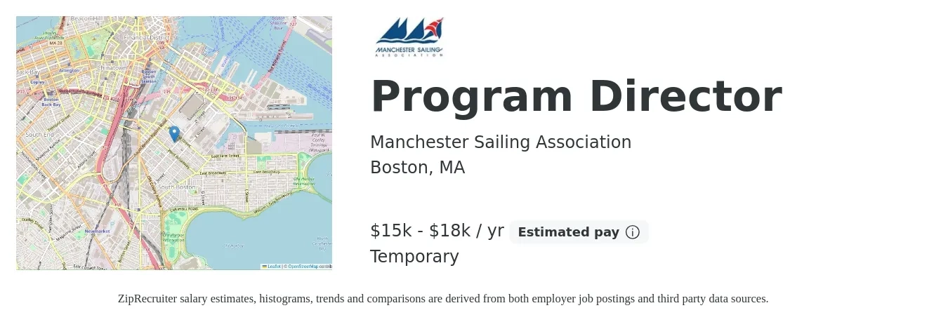 Manchester Sailing Association job posting for a Program Director in Boston, MA with a salary of $15,000 to $18,000 Yearly with a map of Boston location.