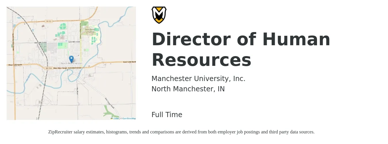 Manchester University, Inc. job posting for a Director of Human Resources in North Manchester, IN with a salary of $79,600 to $122,800 Yearly with a map of North Manchester location.