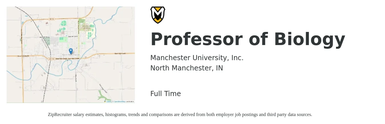 Manchester University, Inc. job posting for a Professor of Biology in North Manchester, IN with a salary of $139,900 Yearly with a map of North Manchester location.