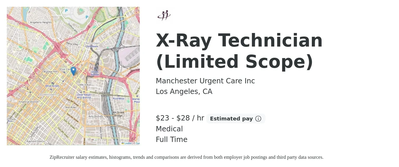 Manchester Urgent Care Inc job posting for a X-Ray Technician (Limited Scope) in Los Angeles, CA with a salary of $24 to $30 Hourly and benefits including medical, and pto with a map of Los Angeles location.