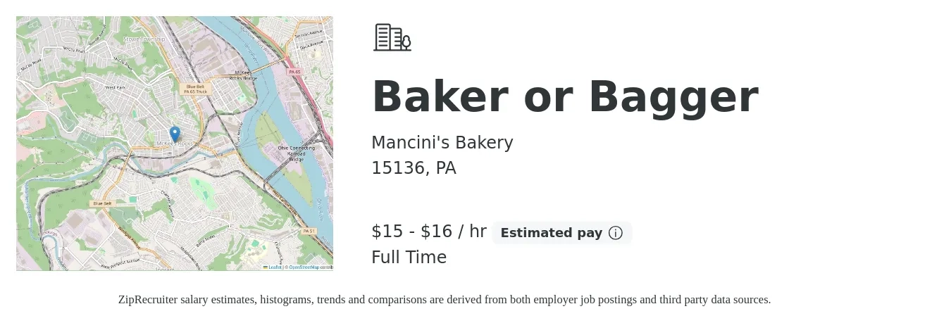 Mancini's Bakery job posting for a Baker or Bagger in 15136, PA with a salary of $16 to $17 Hourly with a map of 15136 location.