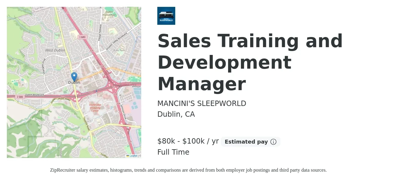 MANCINI'S SLEEPWORLD job posting for a Sales Training and Development Manager in Dublin, CA with a salary of $80,000 to $100,000 Yearly with a map of Dublin location.