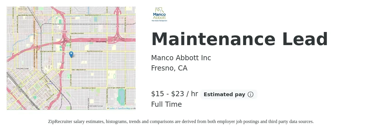 Manco Abbott Inc job posting for a Maintenance Lead in Fresno, CA with a salary of $20 to $29 Hourly with a map of Fresno location.
