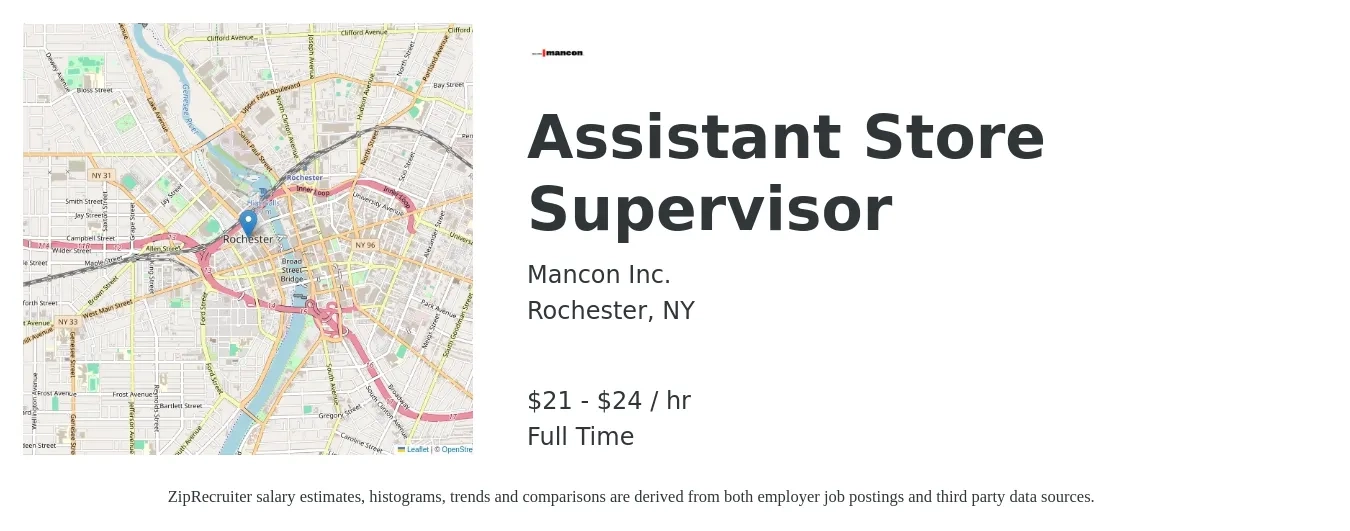 Mancon Inc. job posting for a Assistant Store Supervisor in Rochester, NY with a salary of $22 to $26 Hourly with a map of Rochester location.