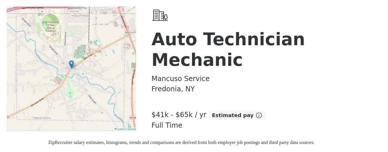 Mancuso Service job posting for a Auto Technician Mechanic in Fredonia, NY with a salary of $41,000 to $65,000 Yearly (plus commission) and benefits including pto with a map of Fredonia location.