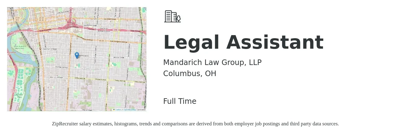 Mandarich Law Group, LLP job posting for a Legal Assistant in Columbus, OH with a salary of $36,700 to $53,100 Yearly with a map of Columbus location.