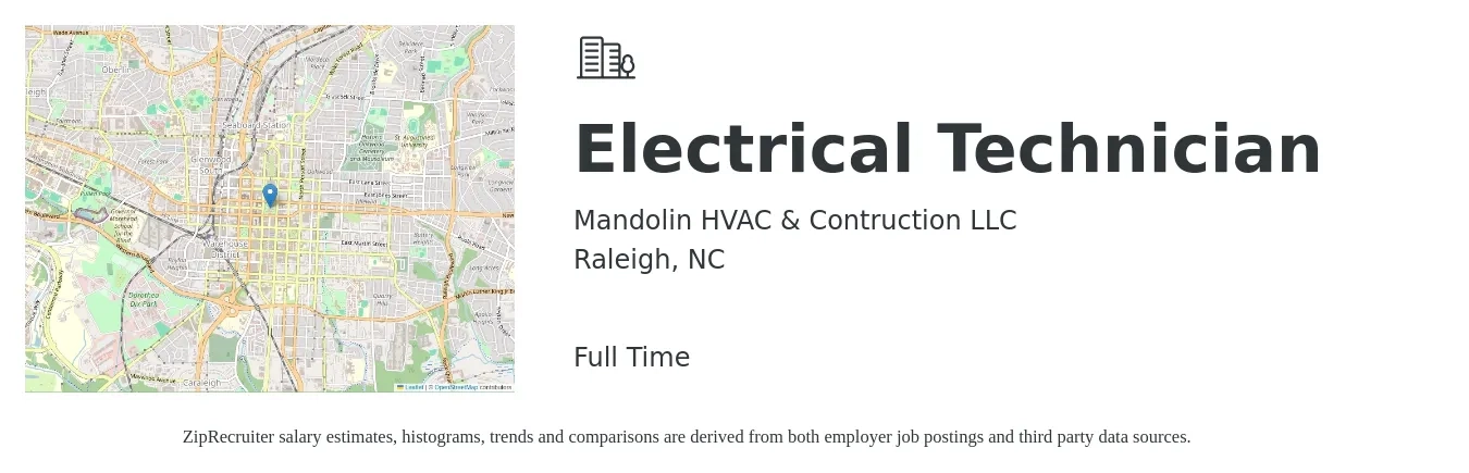 Mandolin HVAC & Contruction LLC job posting for a Electrical Technician in Raleigh, NC with a salary of $20 to $30 Hourly with a map of Raleigh location.