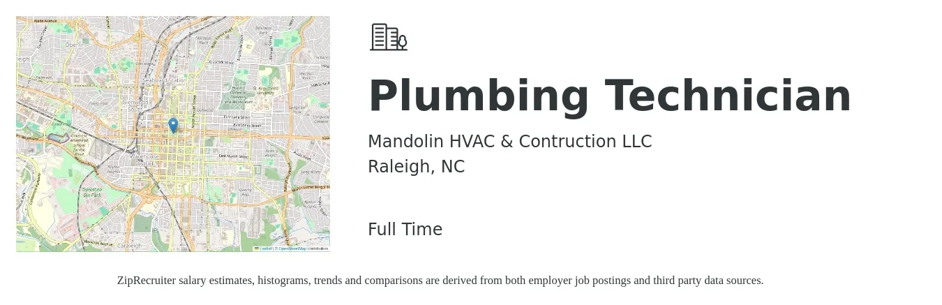 Mandolin HVAC & Contruction LLC job posting for a Plumbing Technician in Raleigh, NC with a salary of $22 to $32 Hourly with a map of Raleigh location.