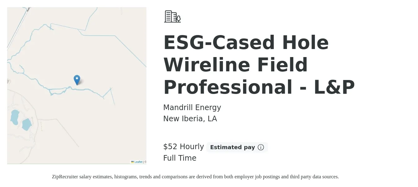 Mandrill Energy job posting for a ESG-Cased Hole Wireline Field Professional - L&P in New Iberia, LA with a salary of $55 Hourly with a map of New Iberia location.