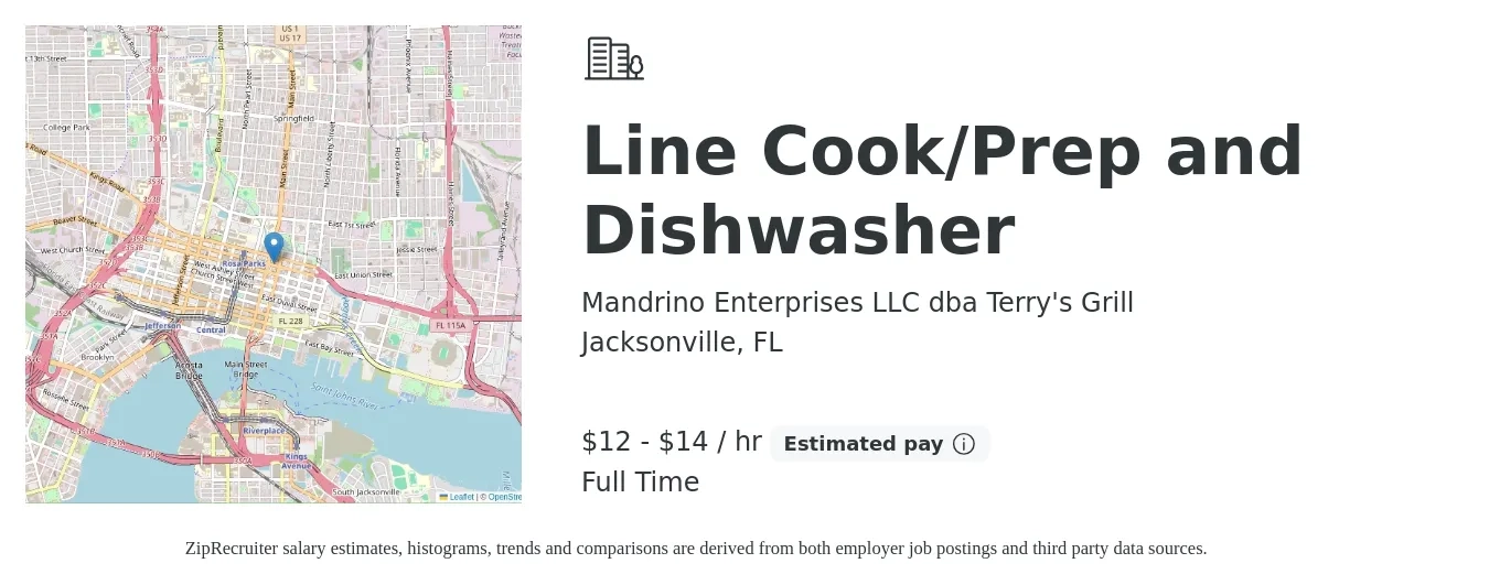 Mandrino Enterprises LLC dba Terry's Grill job posting for a Line Cook/Prep and Dishwasher in Jacksonville, FL with a salary of $13 to $15 Hourly with a map of Jacksonville location.