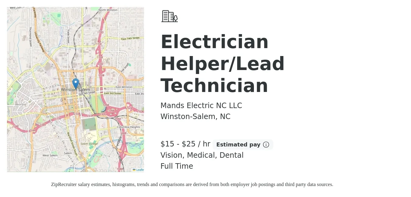 Mands Electric NC LLC job posting for a Electrician Helper/Lead Technician in Winston-Salem, NC with a salary of $16 to $26 Hourly and benefits including dental, medical, retirement, and vision with a map of Winston-Salem location.
