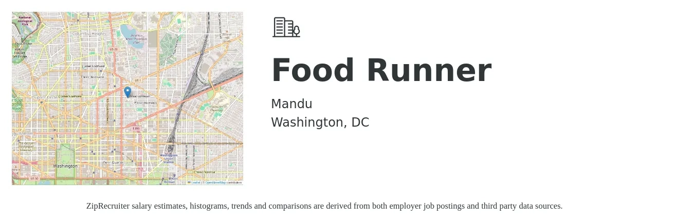 Mandu job posting for a Food Runner in Washington, DC with a salary of $12 to $19 Hourly with a map of Washington location.