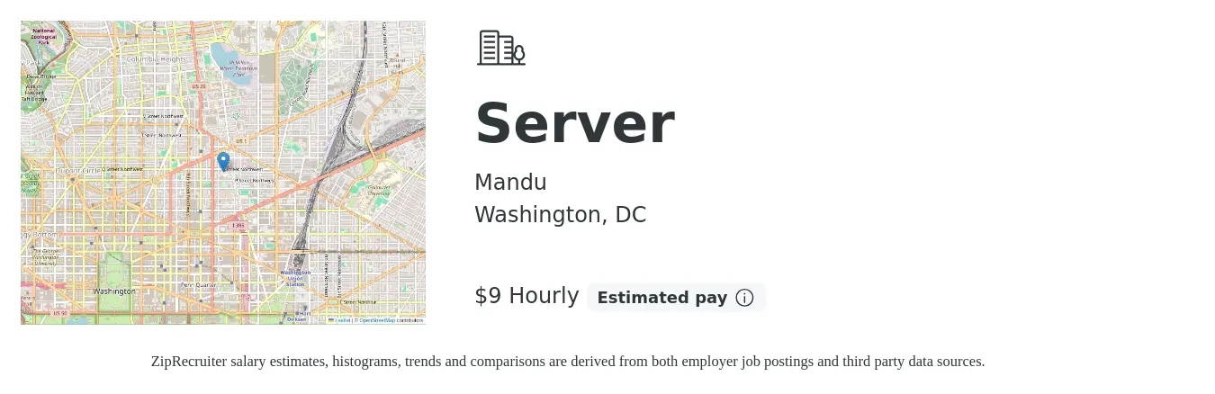 Mandu job posting for a Server in Washington, DC with a salary of $10 Hourly with a map of Washington location.