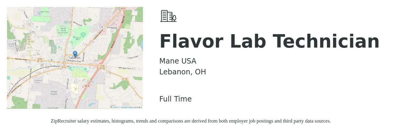 Mane USA job posting for a Flavor Lab Technician in Lebanon, OH with a salary of $17 to $23 Hourly with a map of Lebanon location.