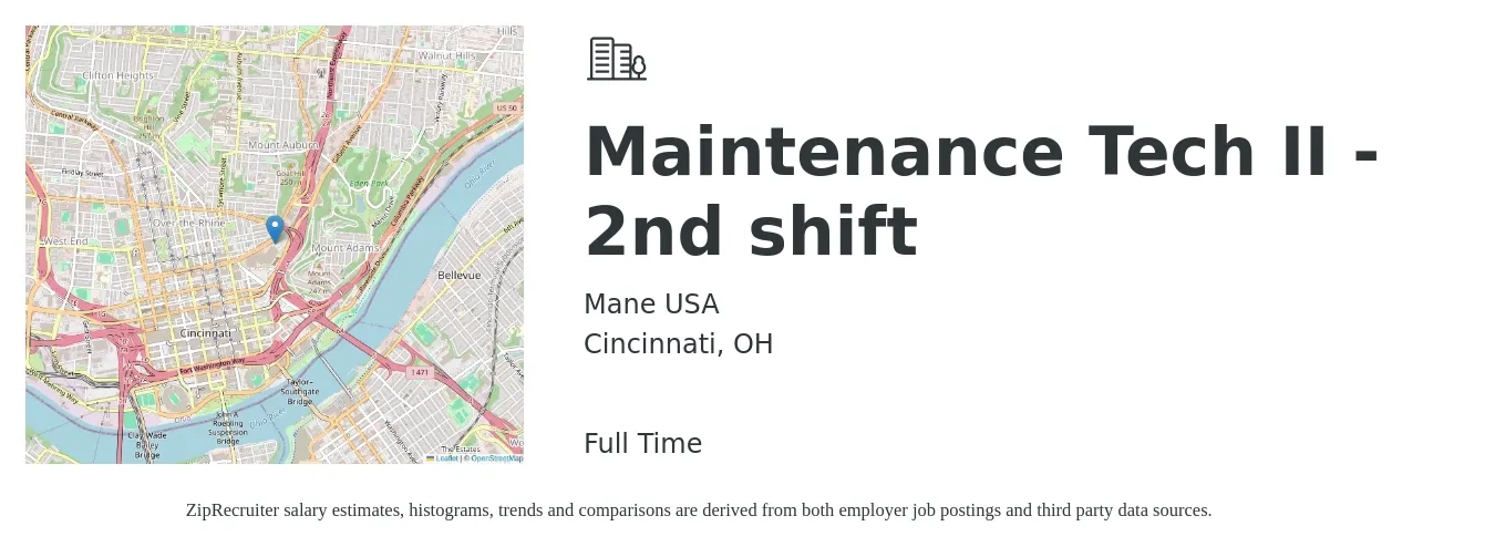 Mane USA job posting for a Maintenance Tech II - 2nd shift in Cincinnati, OH with a salary of $18 to $27 Hourly with a map of Cincinnati location.