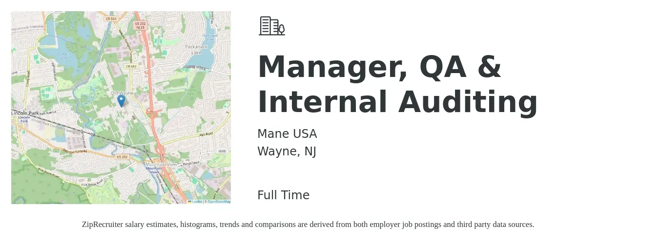 Mane USA job posting for a Manager, QA & Internal Auditing in Wayne, NJ with a salary of $81,900 to $142,600 Yearly with a map of Wayne location.