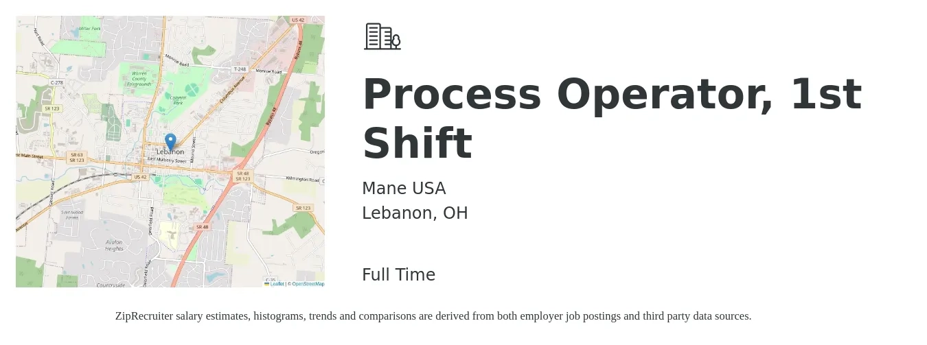 Mane USA job posting for a Process Operator, 1st Shift in Lebanon, OH with a salary of $17 to $22 Hourly with a map of Lebanon location.