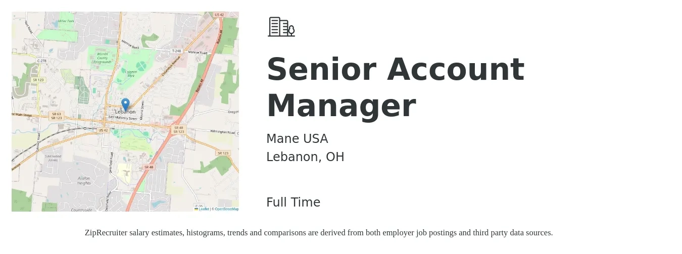 Mane USA job posting for a Senior Account Manager in Lebanon, OH with a salary of $70,800 to $111,400 Yearly with a map of Lebanon location.