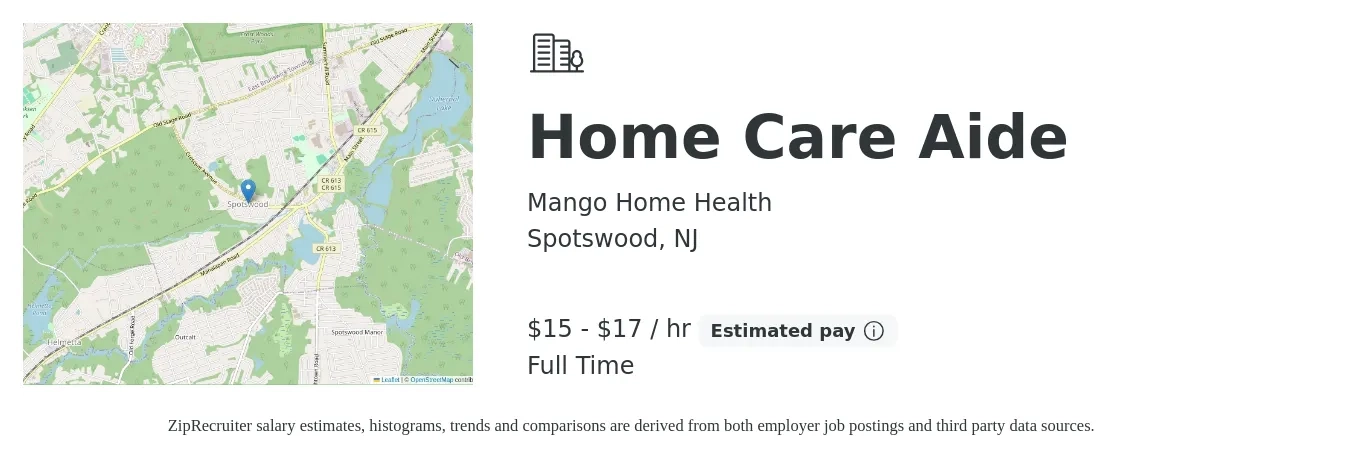 Mango Home Health job posting for a Home Care Aide in Spotswood, NJ with a salary of $16 to $18 Hourly with a map of Spotswood location.